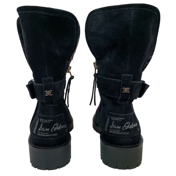 Sam Edelman Jeanie Black Suede Fur Lined Moto Combat Chelsea Boot Size 7M - Picture 2 of 7
